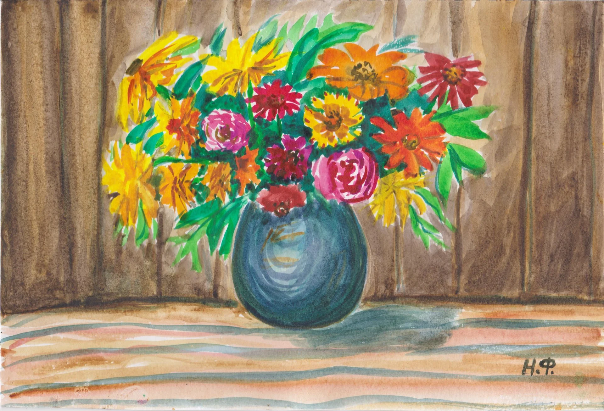 Акварель Цветы в синей вазе