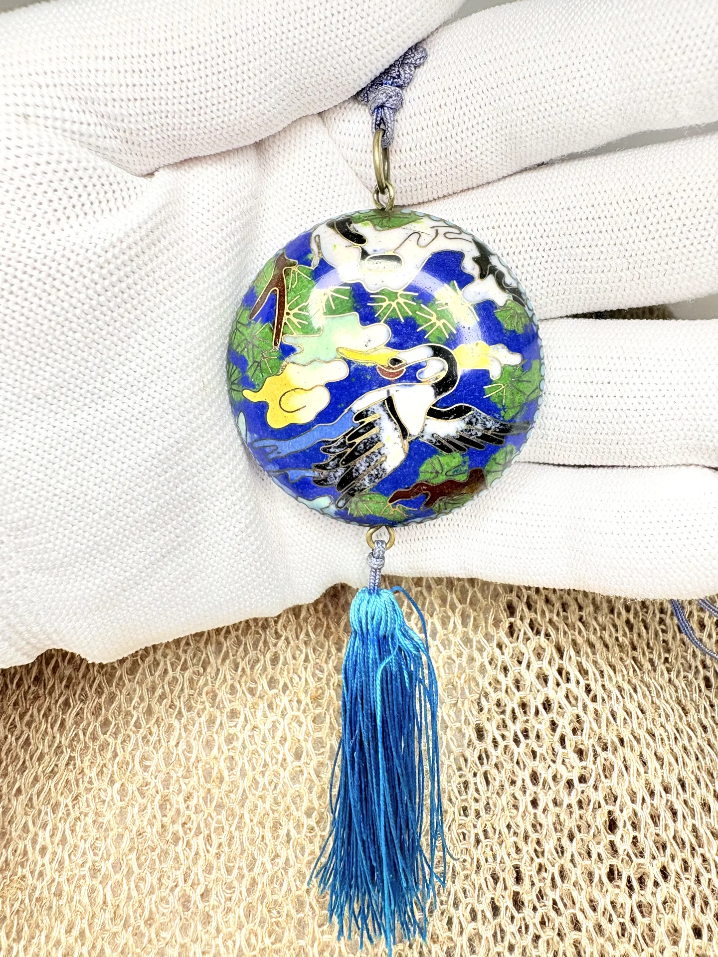 Антик Кулон Журавли Клуазоне Cloisonne Эмаль 1920e - миниатюра 3