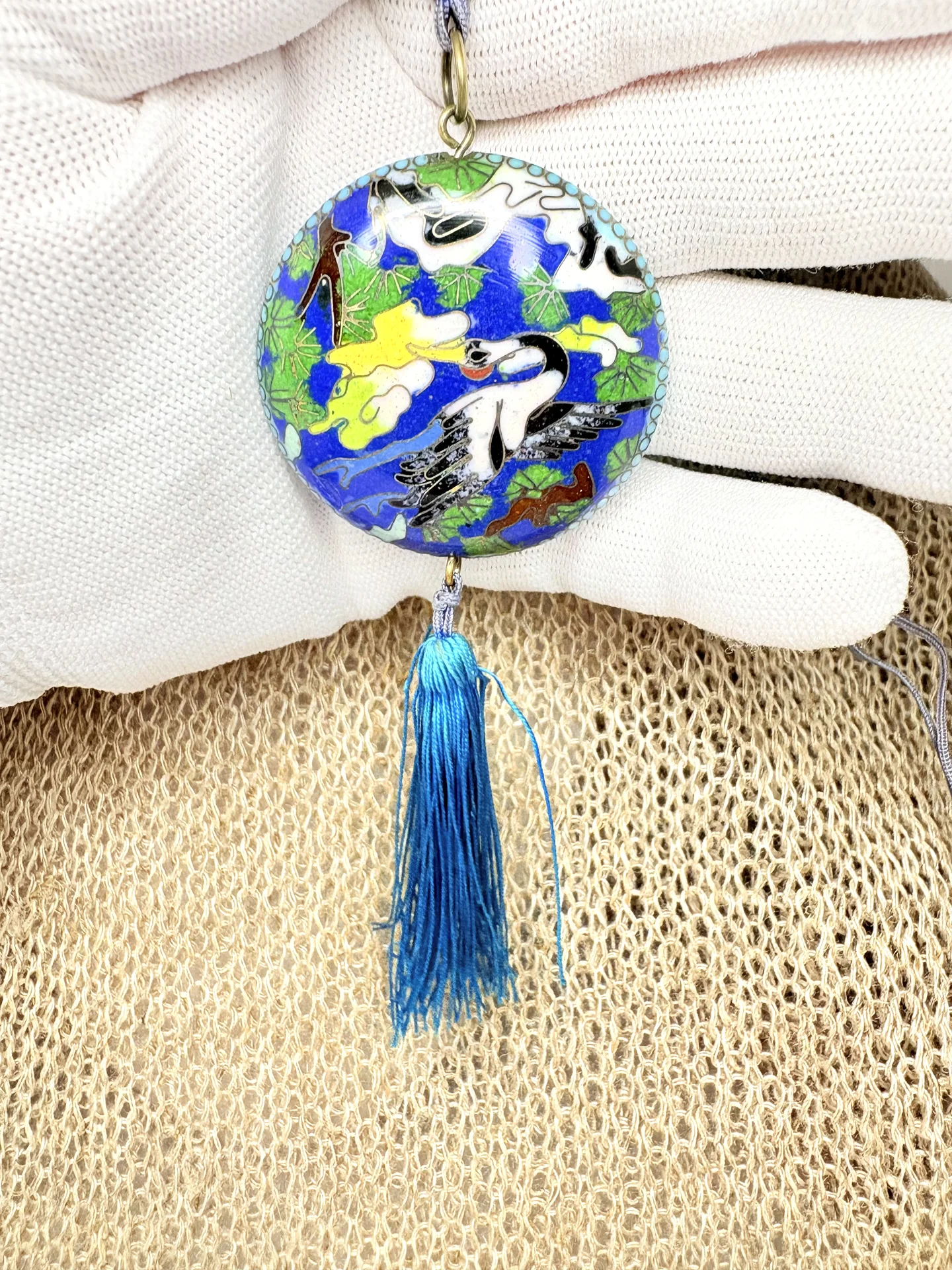 Антик Кулон Журавли Клуазоне Cloisonne Эмаль 1920e - миниатюра 5