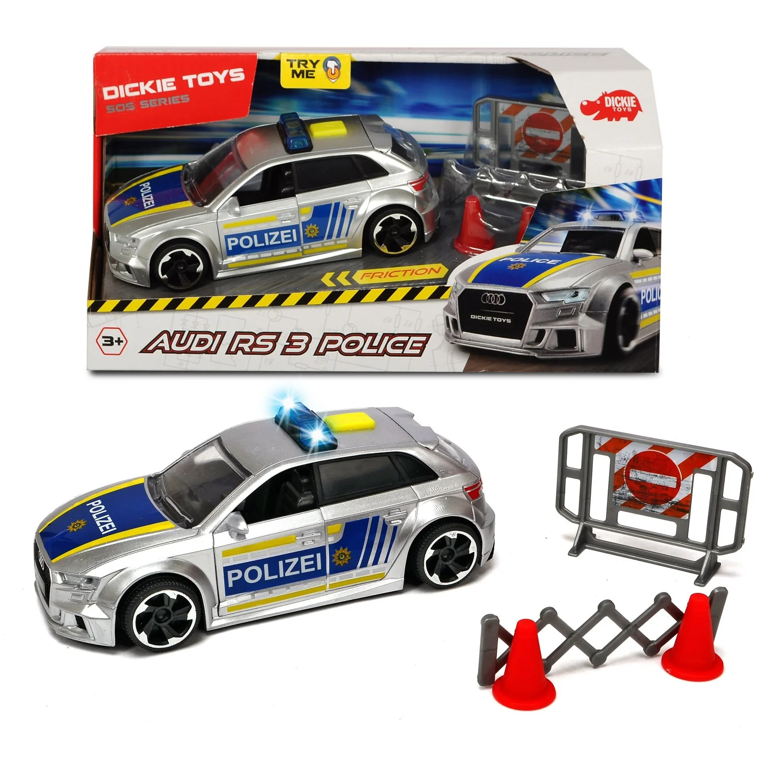 Полицейская машинка Audi RS3 фрикционная 15 см свет звук акс. Dickie Toys 3713011 - изображение 1