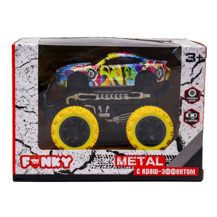 Инерционная die-cast машинка с ярким рисунком краш-эффектом и желтыми колесами 15 5 см - миниатюра 2