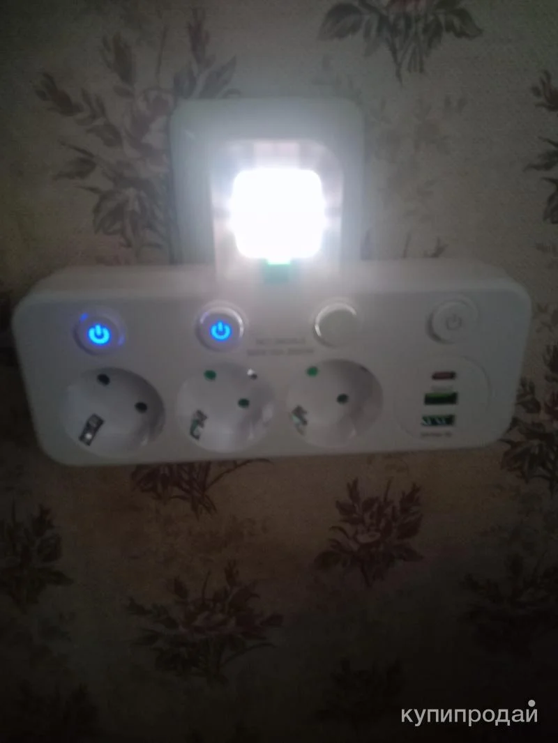 Розетка накладная тройная с ночником, USB зарядкой - миниатюра 3
