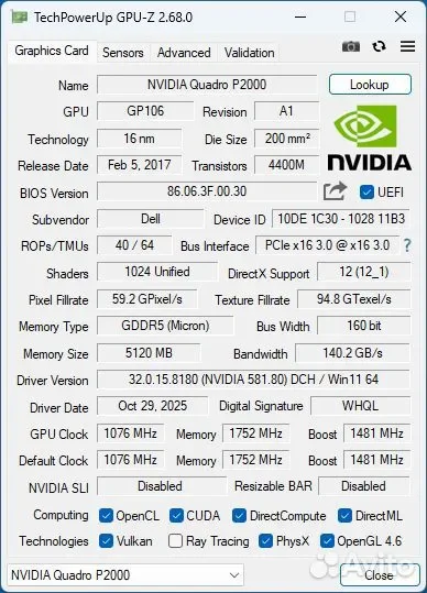 NVIDIA QUADRO P2000 5gb (б/у) / 699-5G410-0502-150 - миниатюра 9