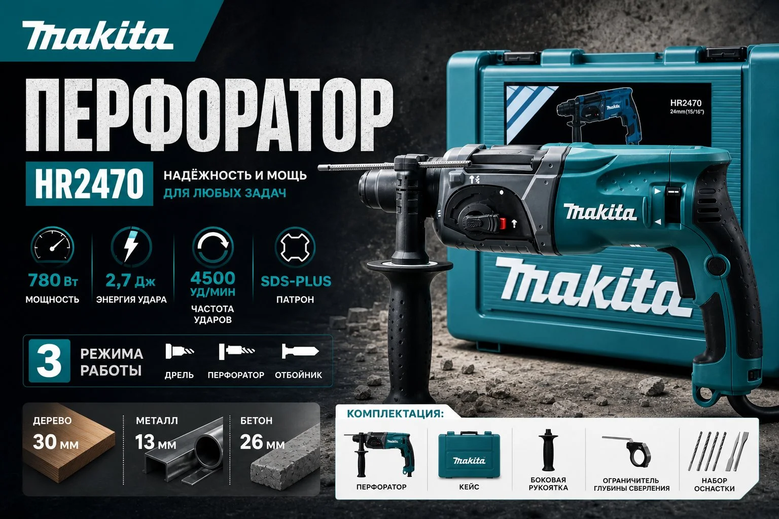 Перфоратор сетевой Makитa HR2470 - изображение 1