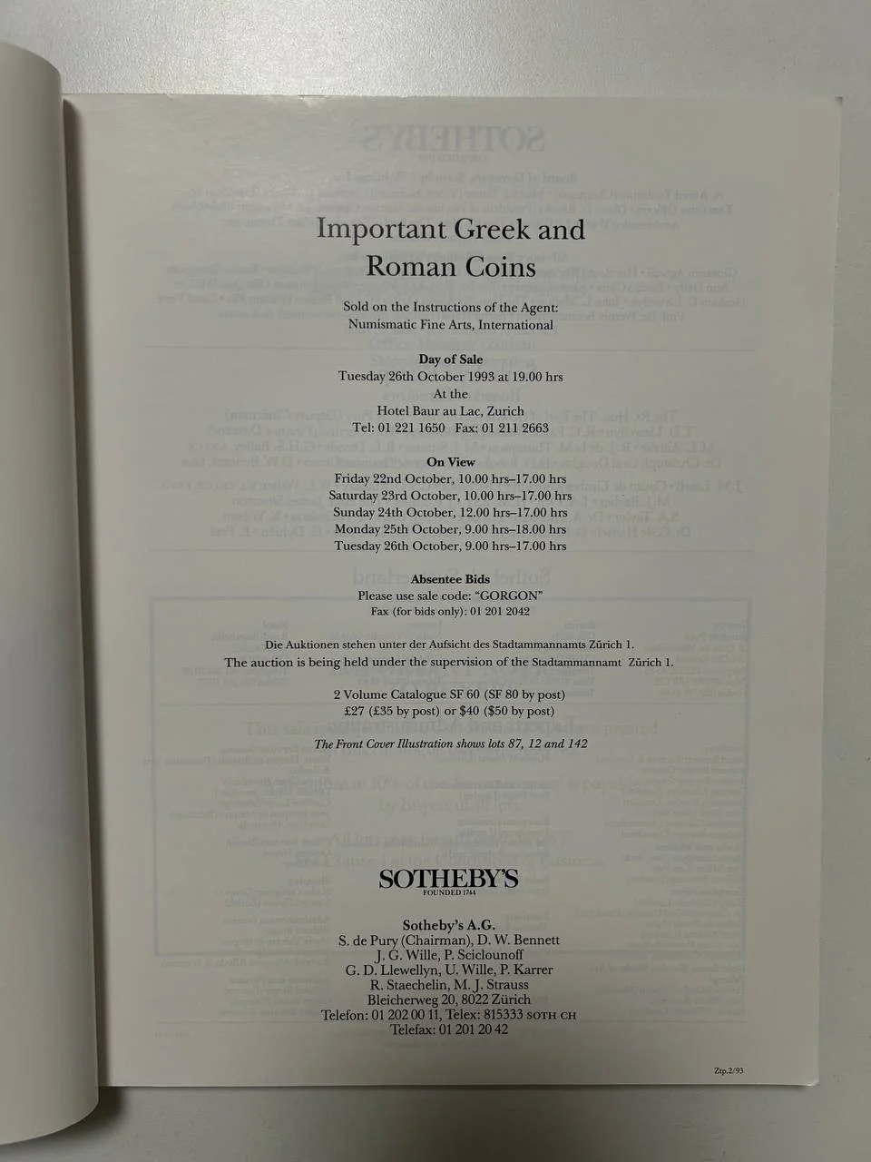 Каталог монет Sotheby’s Greek Roman Coins Zurich 1993 г. - миниатюра 2
