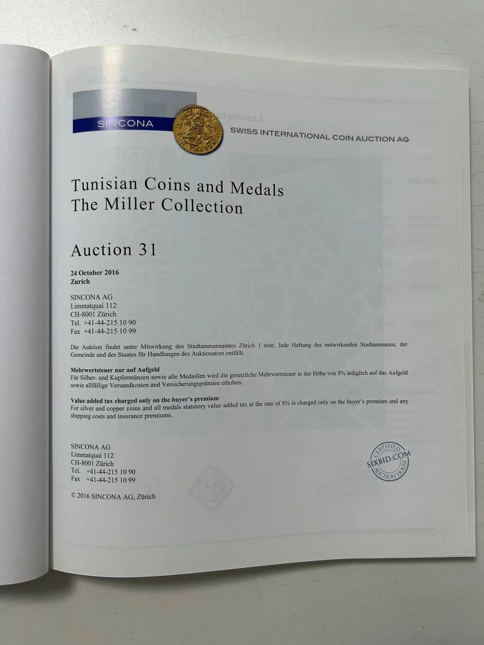 Каталог монет Tunisian Coins Medals Miller Collection Auction 31 Sincona AG 24 October 2016 Zurich - миниатюра 2