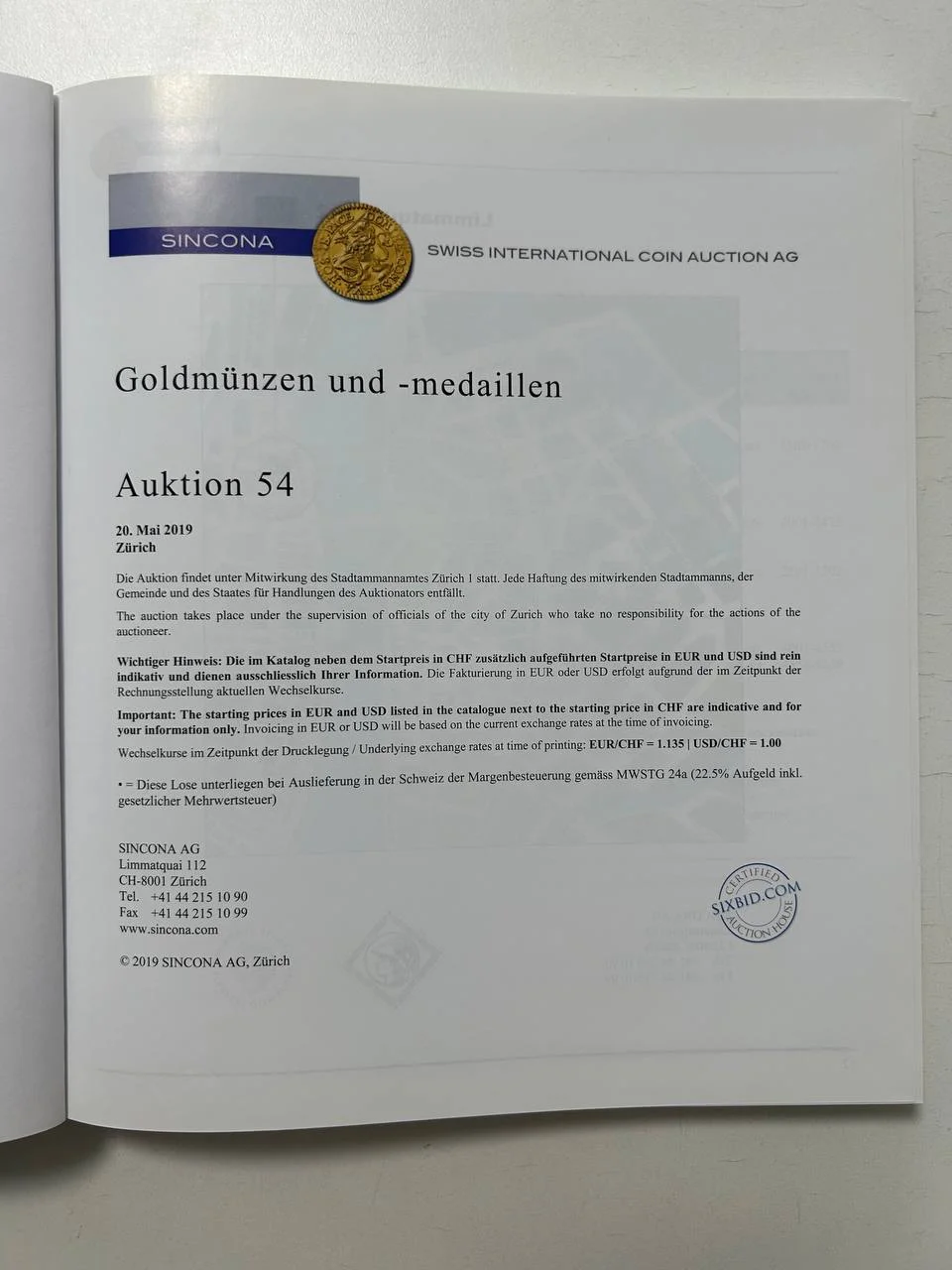 Каталог монет Gold Coins and Medals Auction 54 Sincona AG 20 May 2019 Zurich - миниатюра 2