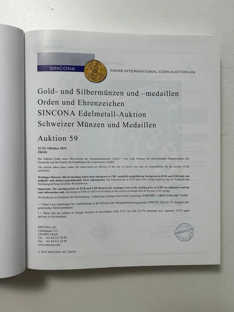 Каталог монет Gold Silver Coins Medals Decorations Auction 59 Sincona AG 22/23 October 2019 Zurich - миниатюра 2