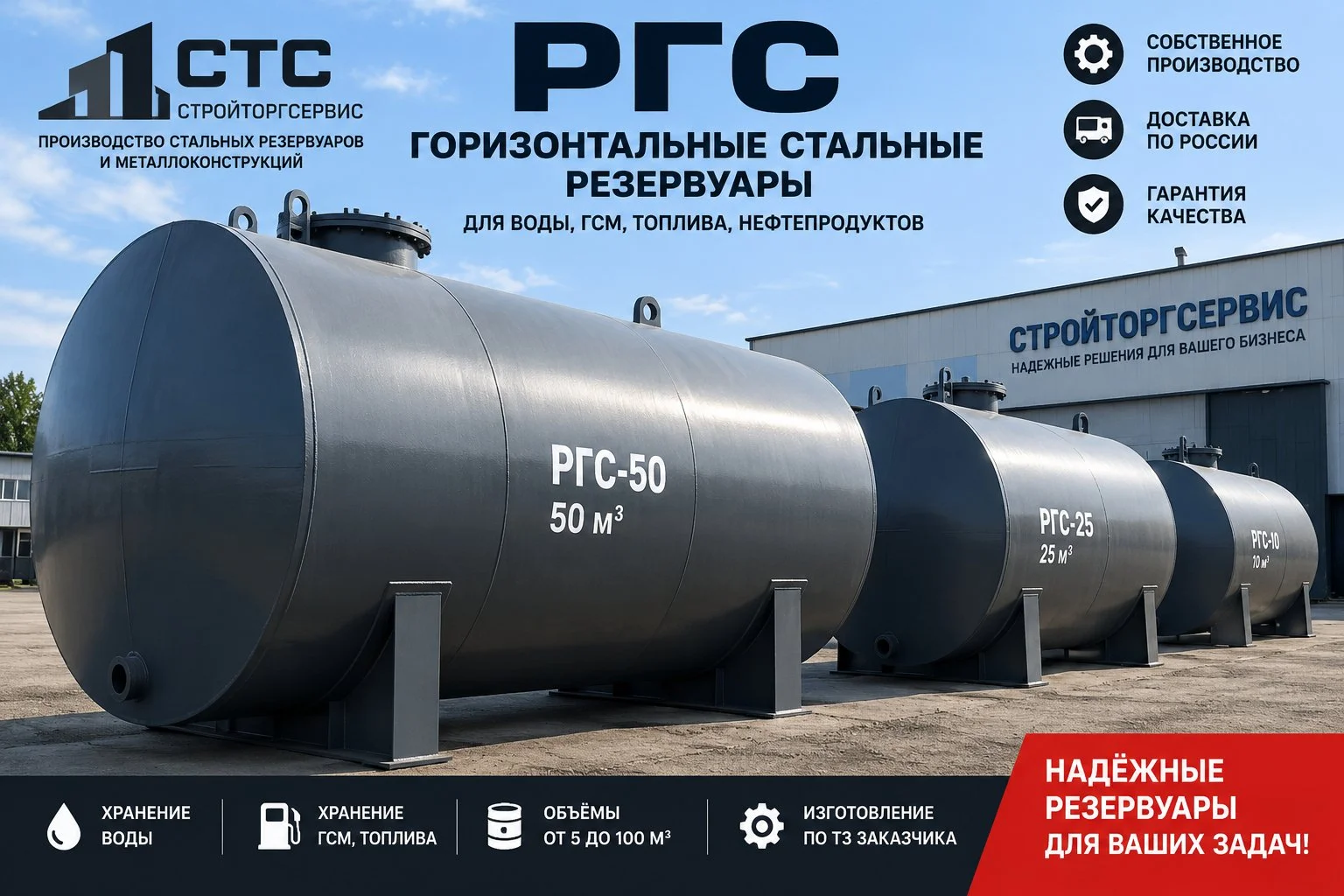 РГС резервуар стальной горизонтальный для воды, ГСМ, топлива - миниатюра 2