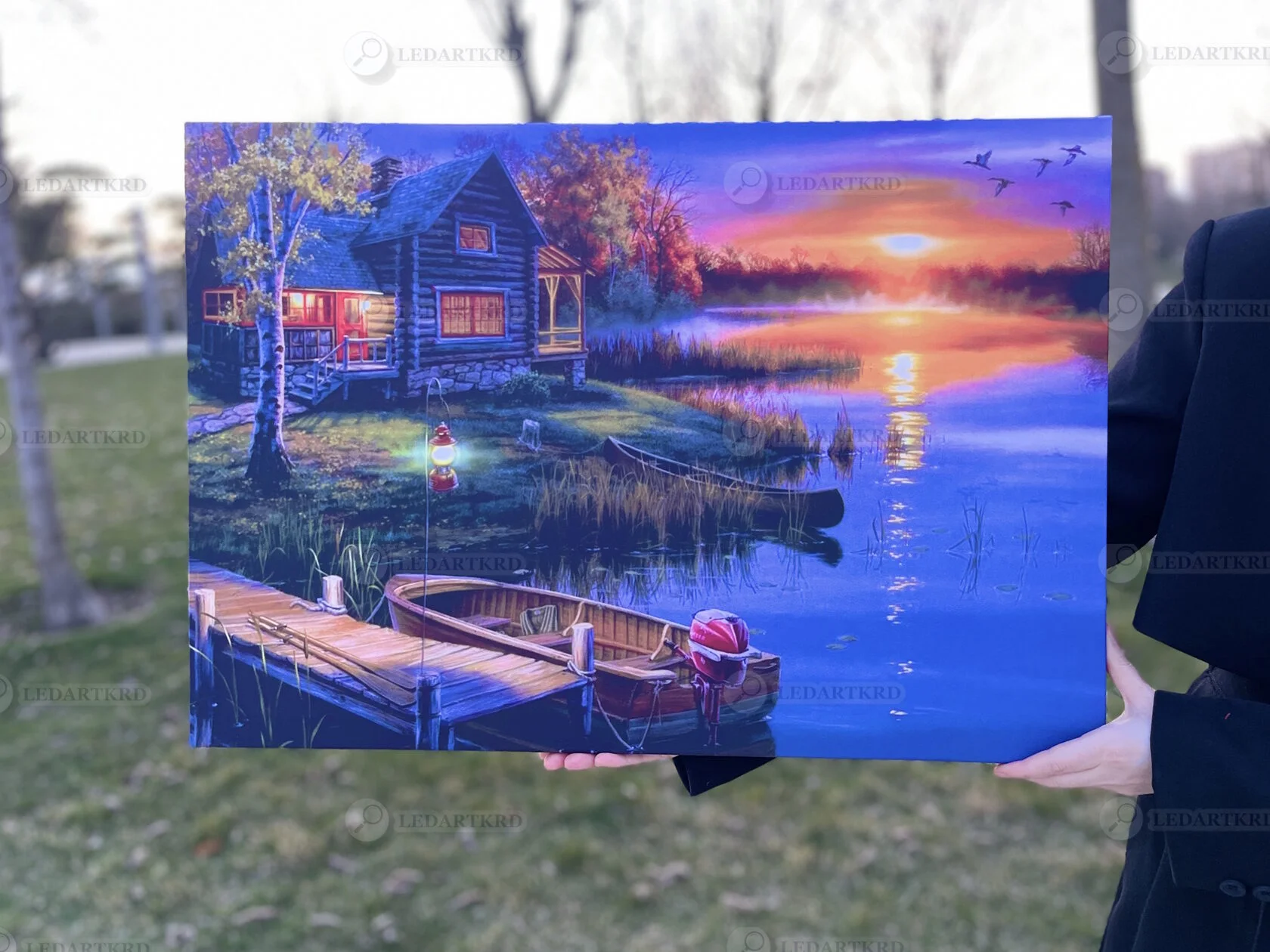 Картина с подсветкой "Домик и лодка на закате" 75x50 см - миниатюра 3