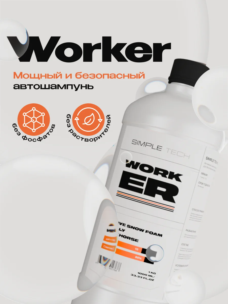 Активный шампунь для безопасной бесконтактной мойки автомобилей WorkER, 1л - изображение 1