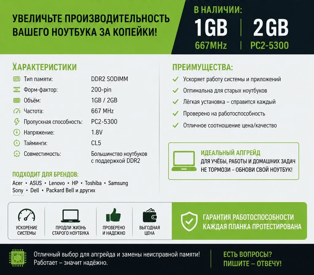 Оперативная память DDR2 SODIMM 667MHz PC2-5300 1GB / 2GB для ноутбука - миниатюра 2