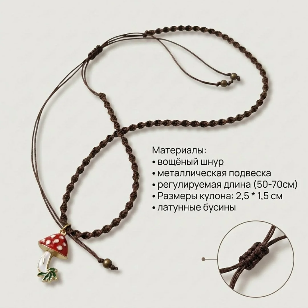 Макраме кулон "Карманный лес" с подвеской мухомор - миниатюра 6