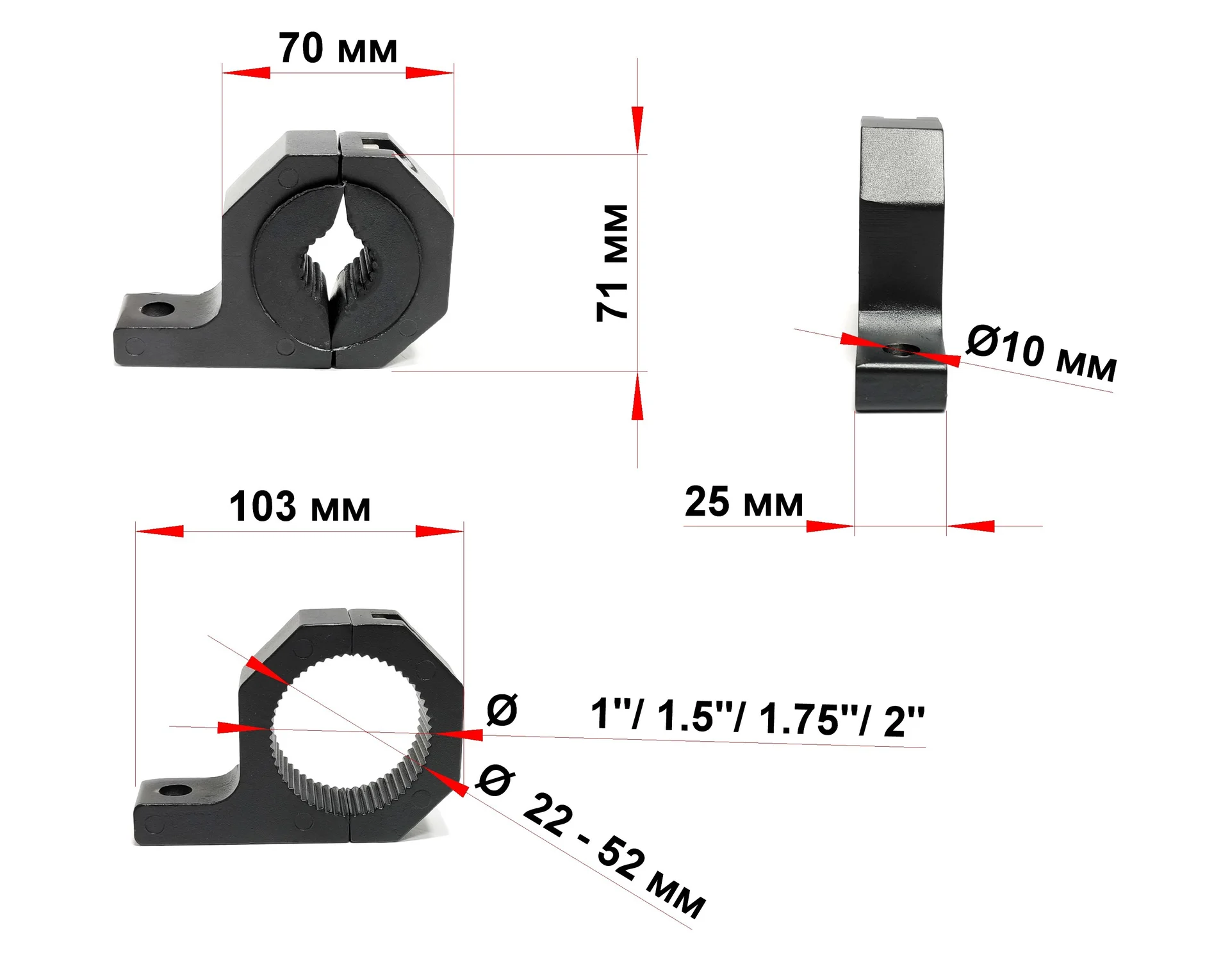 Крепление на трубу 22 -52 мм, диаметр ( 1"/ 1.5"/ 1.75"/ 2") дюйма, ZJ51 - миниатюра 2
