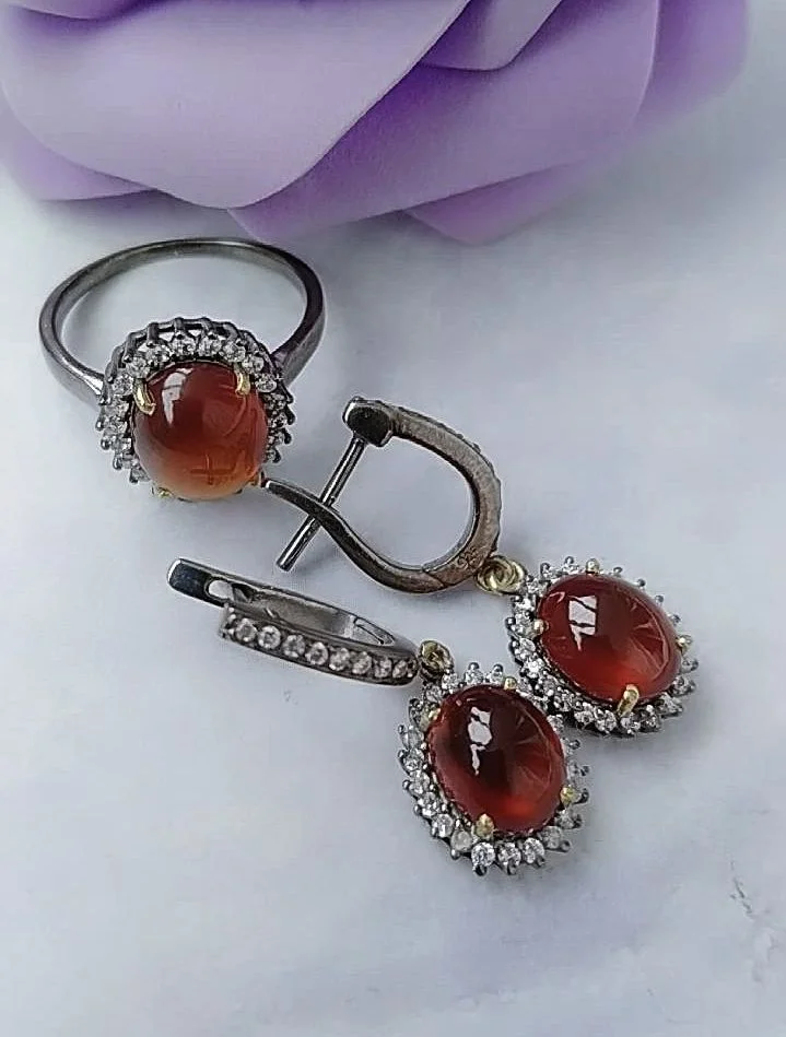 Серебряный комплект с гранатами гессонитами - миниатюра 2