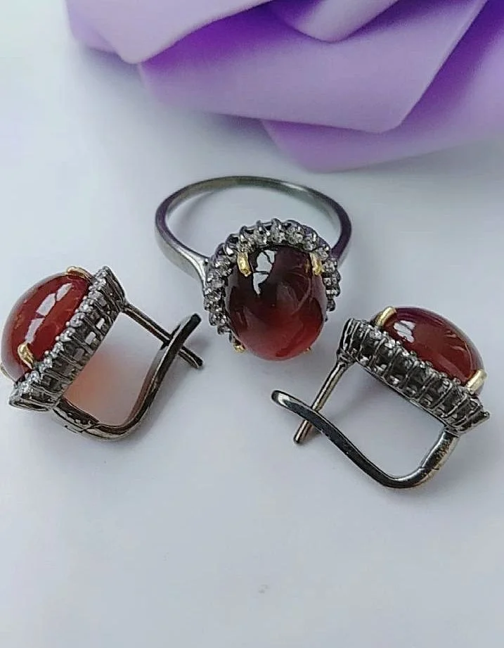 Гранат гессонит, серебряный комплект - миниатюра 3