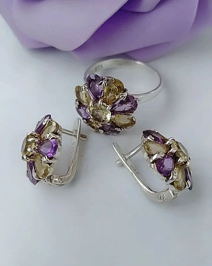 Серебряный комплект с цитринами и аметистами - миниатюра 3