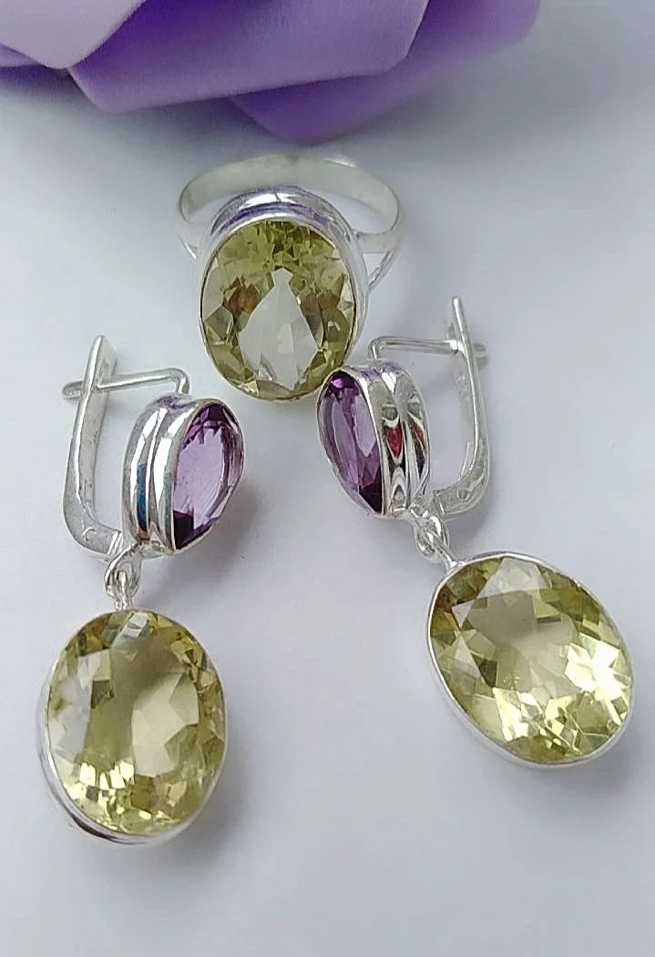 Серебряный комплект с аметистами и лимонными топаз - изображение 1