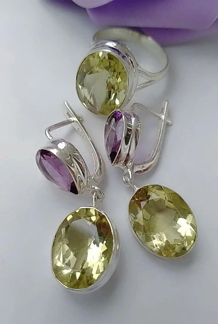 Серебряный комплект с аметистами и лимонными топаз - миниатюра 2