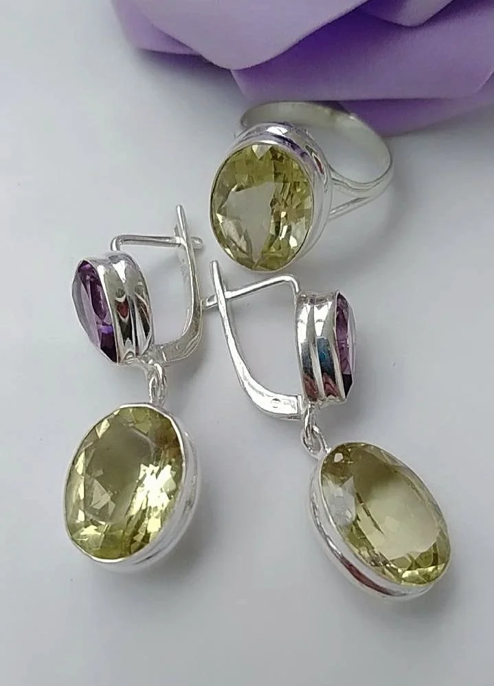 Серебряный комплект с аметистами и лимонными топаз - миниатюра 3