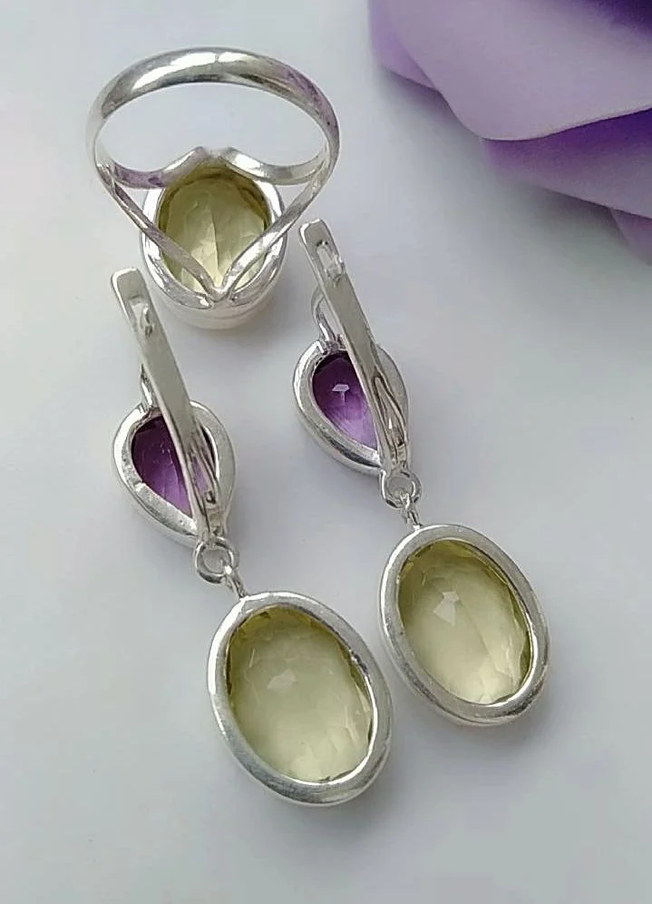 Серебряный комплект с аметистами и лимонными топаз - миниатюра 4