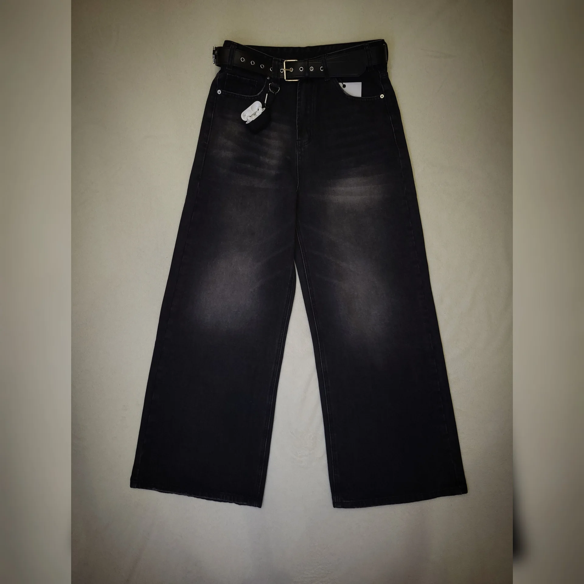 Чёрные джинсы широкие трубы Wide Leg с ремнем Y2K