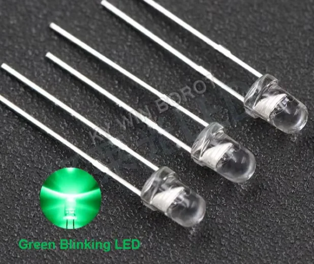 LED 3 мм, прозрачная линза, зелёный; фото «Blinking» - изображение 1