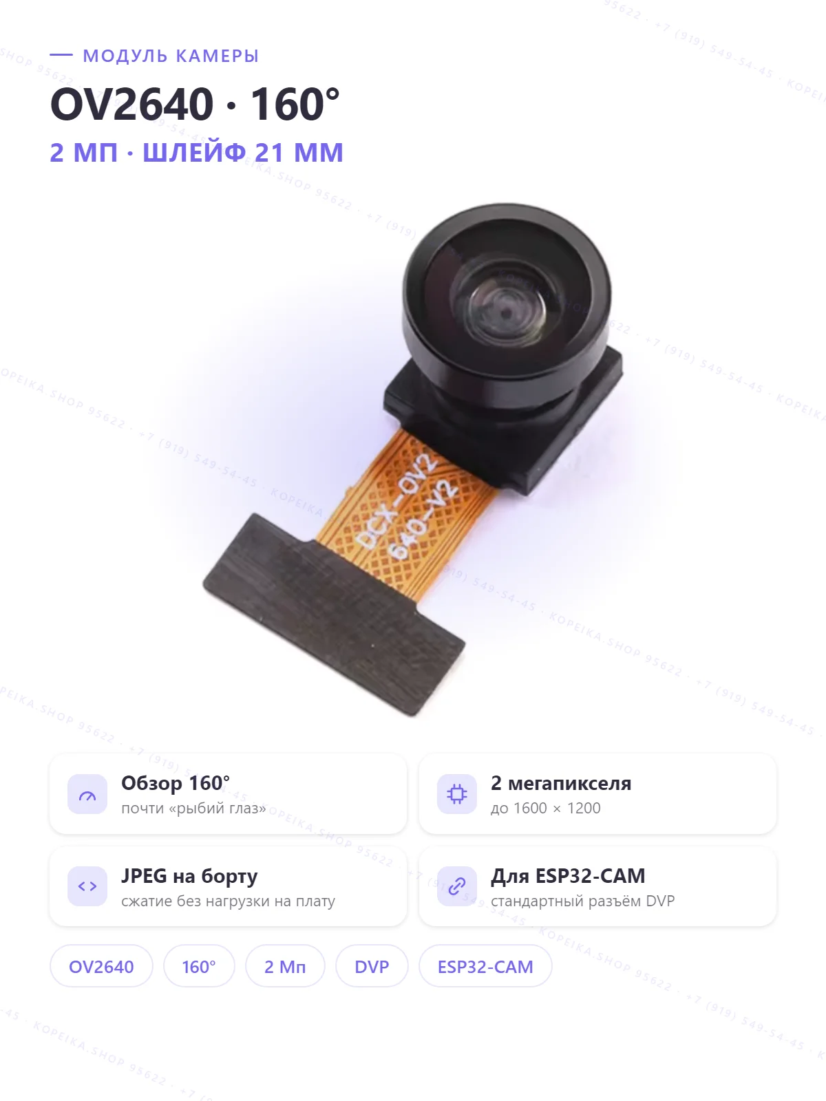 OV2640 (2 Мп CMOS, DVP), широкоугольный объектив 160°, шлейф 21 мм