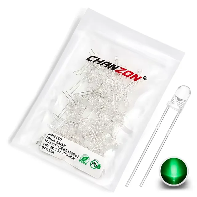 LED 3 мм, прозрачная линза, зелёный - изображение 1