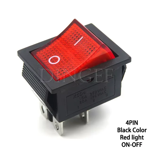 Кулисный переключатель черный с красной подсветкой, ON-OFF, 4 pin