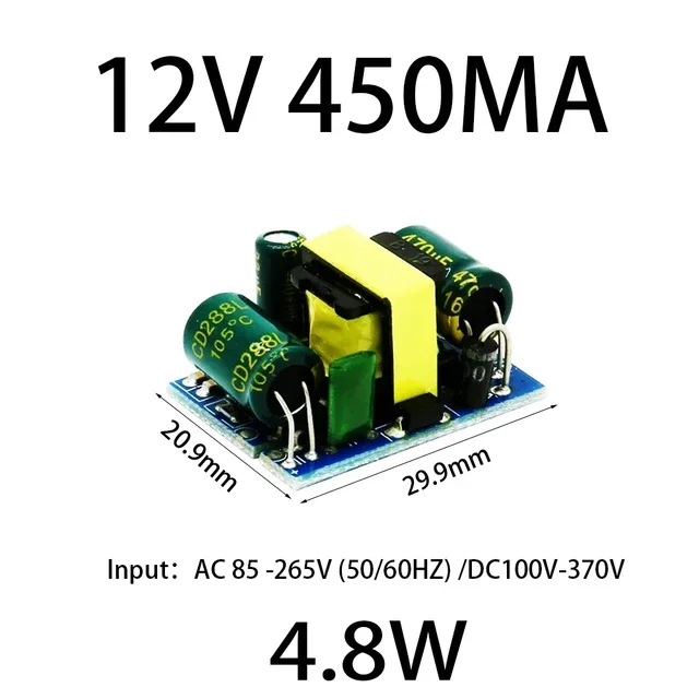 AC-DC open-frame, вход AC 85–265 В / DC 100–370 В, выход 12 В 450 мА, ~21×30 мм