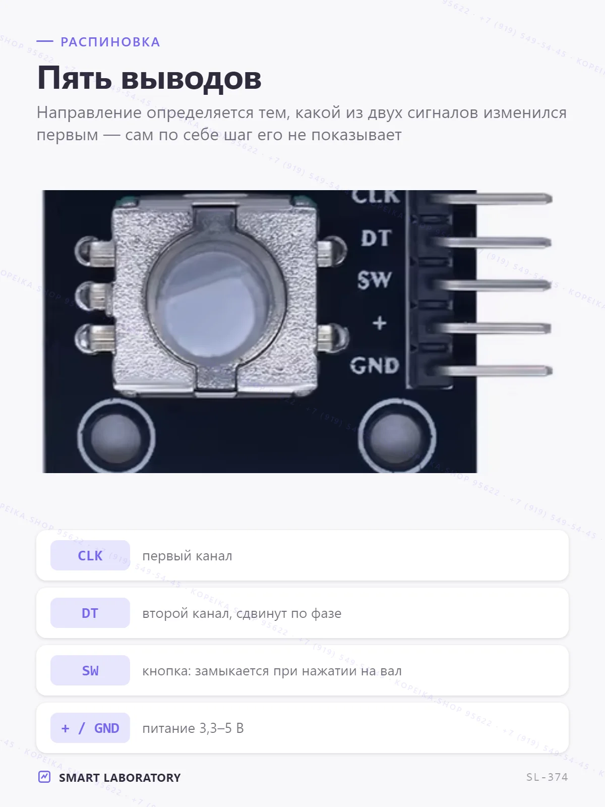 KY-040, инкрементальный энкодер EC11-типа + кнопка (SW), CLK/DT/SW/+/GND - миниатюра 3