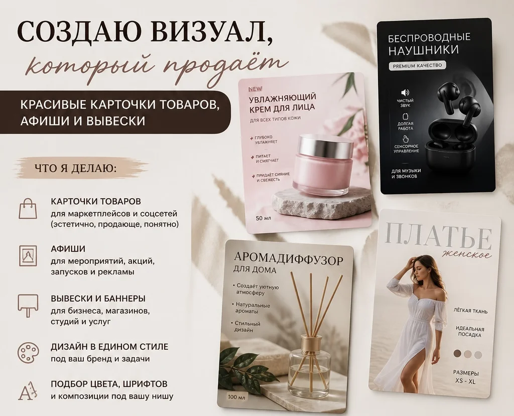 Создаю карточки товаров, вывески и афиши