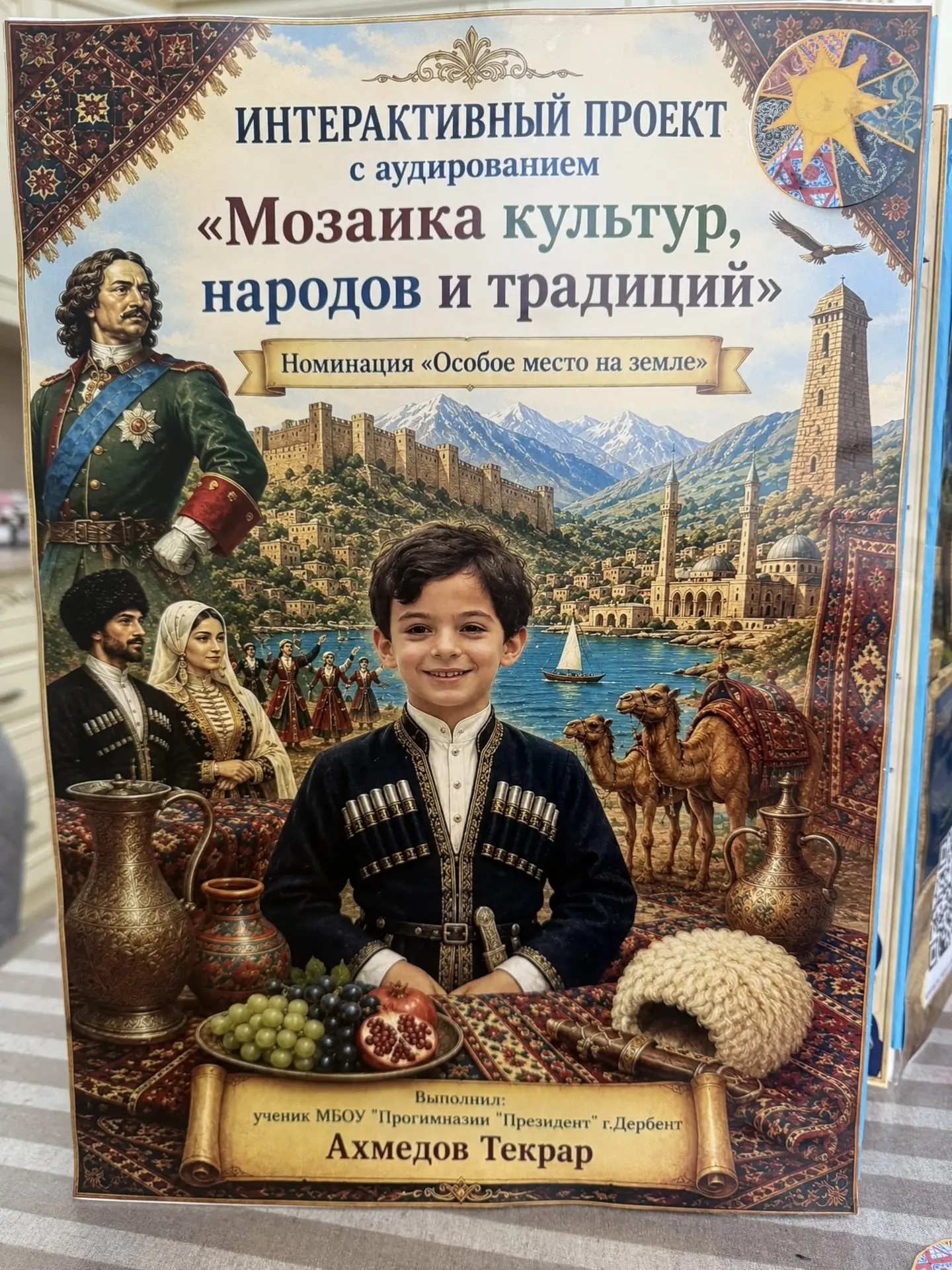 Титульный лист проекта с моим фото в национальном костюме. На моем фоне уникальный исторический путь и культурное богатство нашего города и моего народа. Здесь и величие имперской России, в лице Петра I, Великий шёлковый путь, по которому шли торговые караваны с верблюдами к стенам древней крепости.
Динамика народного танца передаёт жизнерадостный дух нашего народа, а спелые фрукты, гранат и виноград из собственных садов являются ярким свидетельством плодородия и традиционного гостеприимства. Титульный лист, над которым мы долго думали и работали, объединяет символы, формирующие самобытный облик нашего края.