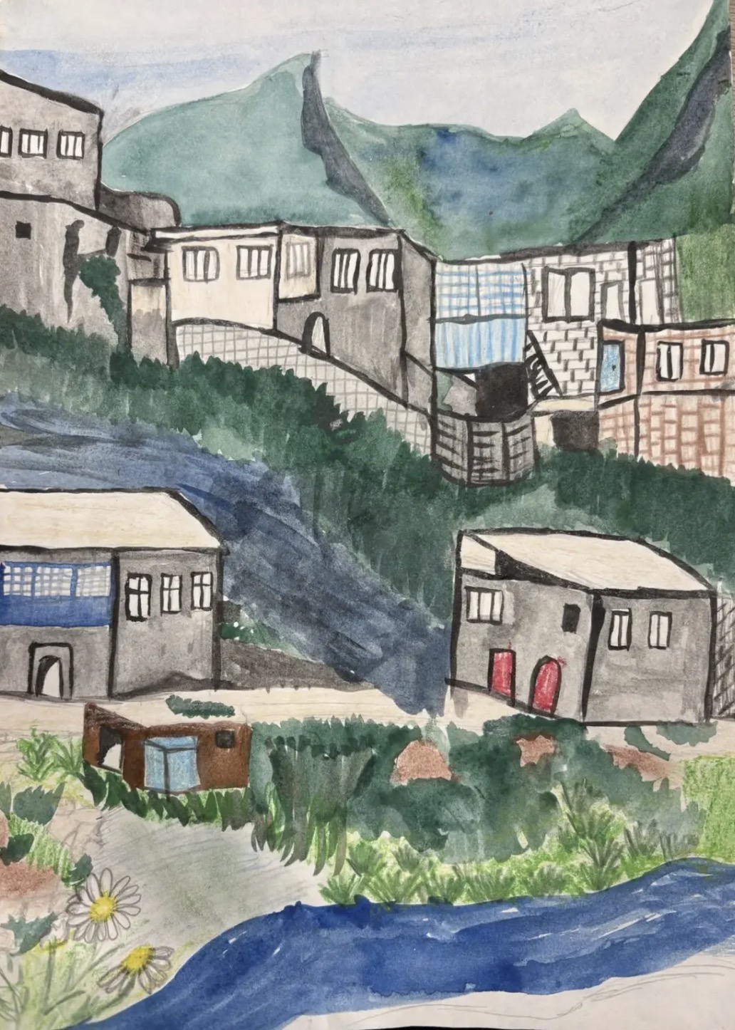 На рисунке — летнее село, и его тепло совсем другое: не от печки, а от солнца, что льётся с неба, от нагретых крыш, от земли, которая за день впитала свет. Это тепло пахнет скошенной травой, мёдом и тёплым деревом, и кажется, будто оно живёт в каждом штрихе.