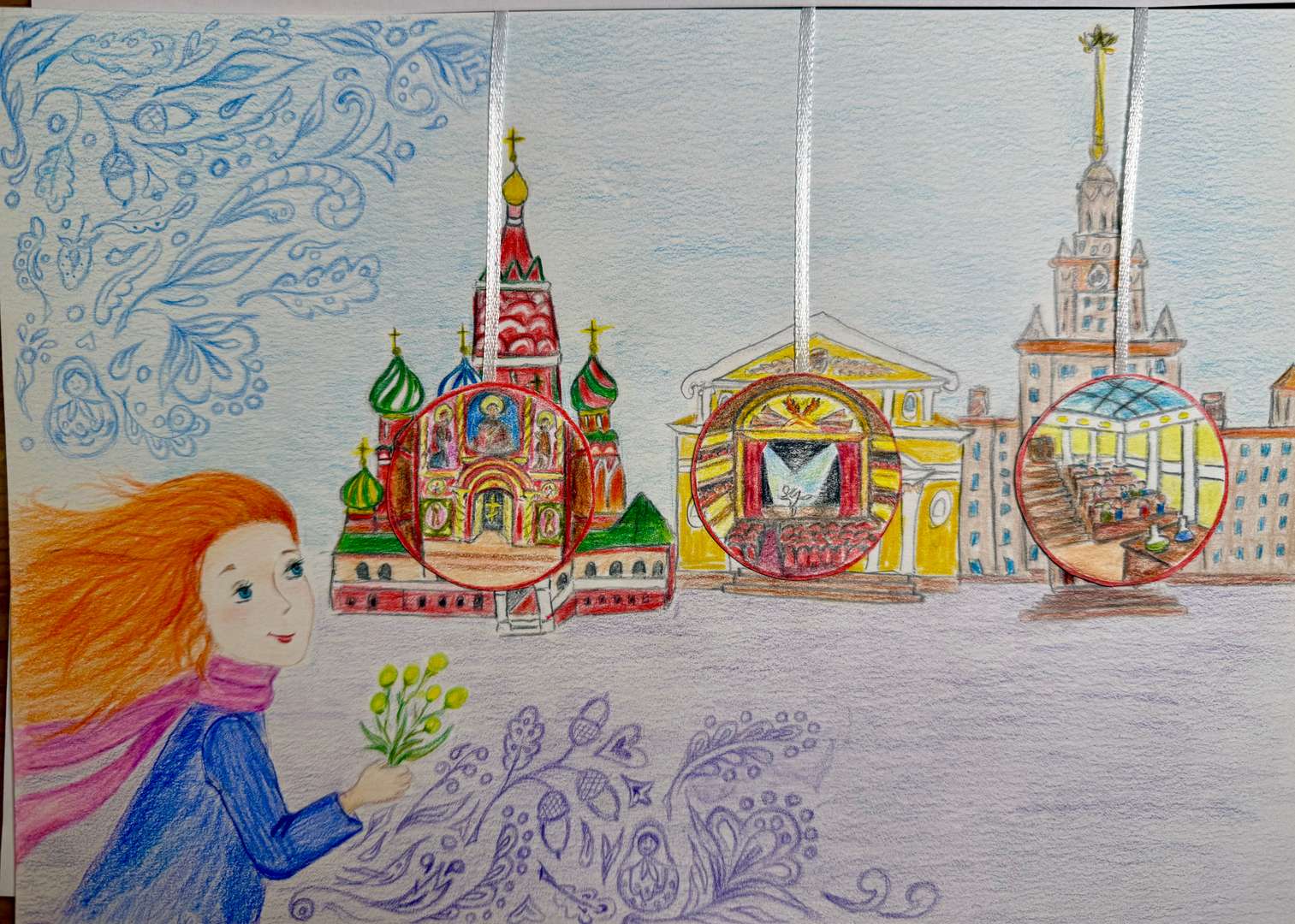 Готовая работа.
Медальоны перекинуты на лицевую сторону, и каждое внутреннее убранство совмещено со своим зданием.
