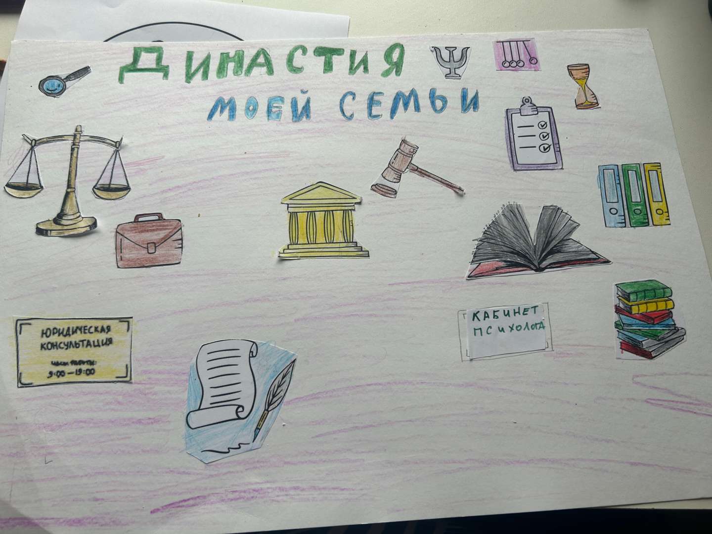 Вот такая работа у меня получилась, я решила распечатать и наклеить все основные символы юриспруденции и психологии