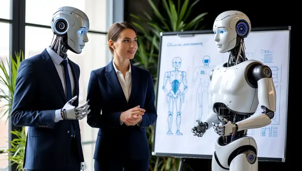 A business professional and a humanoid AI android in smart casual attire discussing performance charts at a flipchart in a modern office — symbolizing human-AI strategic partnership