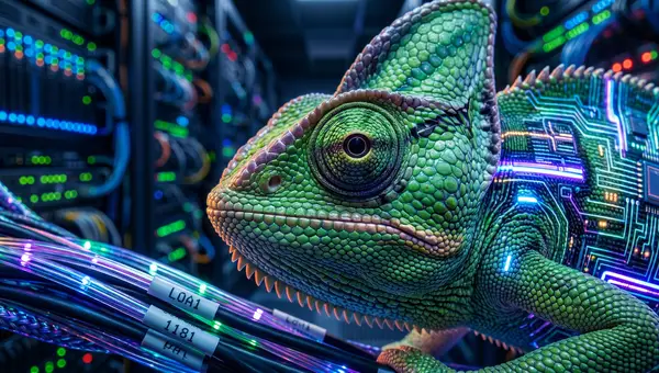 chameleon camouflaging on a thick bundle of glowing server wires