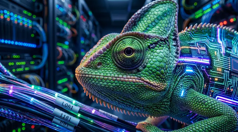 chameleon camouflaging on a thick bundle of glowing server wires