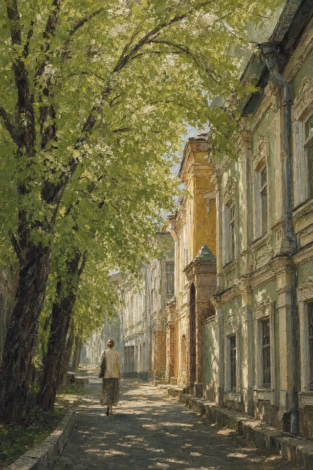 Картина — летняя улица Оренбурга с вековыми липами и одинокой фигурой прохожего в старом переулке