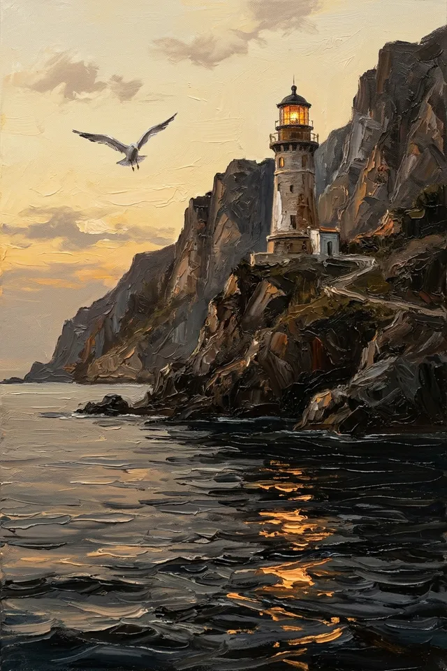 Картина маяк на закате — силуэт маяка у моря в лучах заходящего солнца, постер на металле