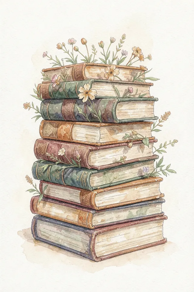 Постер стопка книг с цветами — натюрморт с букетом полевых цветов на стопке книг