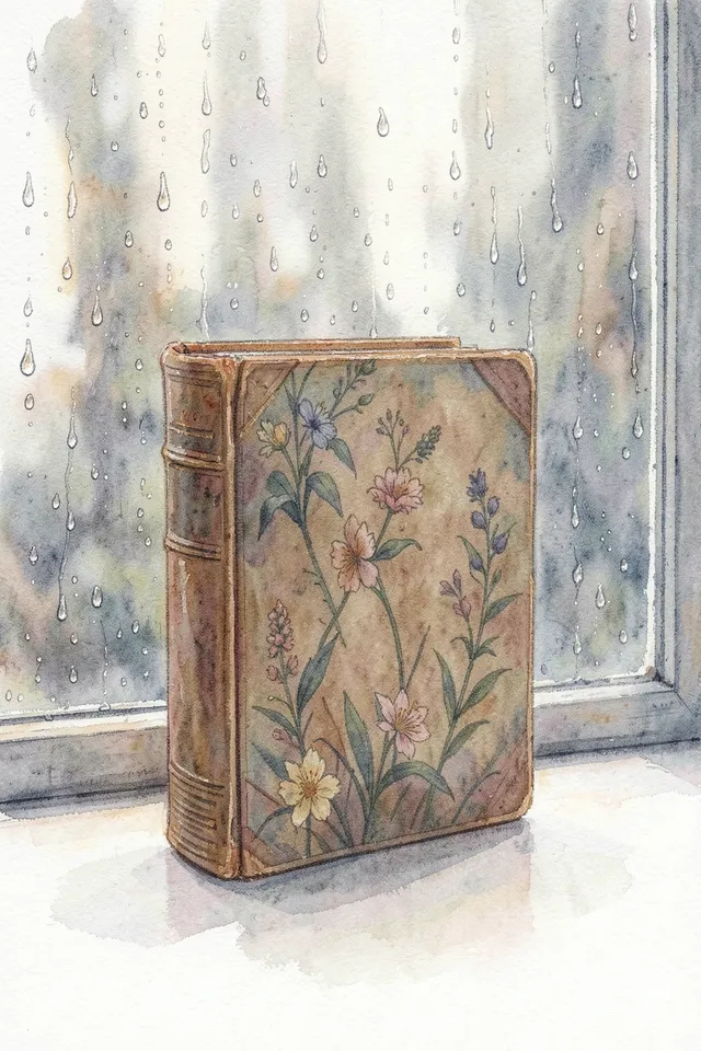 Картина с раскрытой книгой у дождливого окна, уютный атмосферный натюрморт