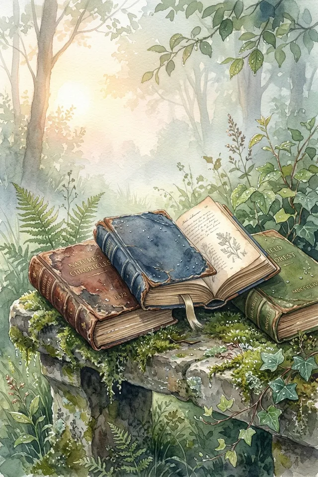 Картина: старинные книги на замшелом камне среди папоротников и плюща, акварельный лесной сад