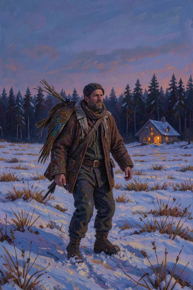 Картина охотник с ружьём возвращается домой через осенний лес