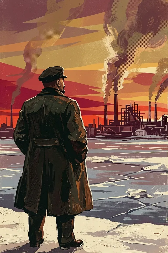 Картина: Ленин на фоне промышленных заводов, советский портрет на металле