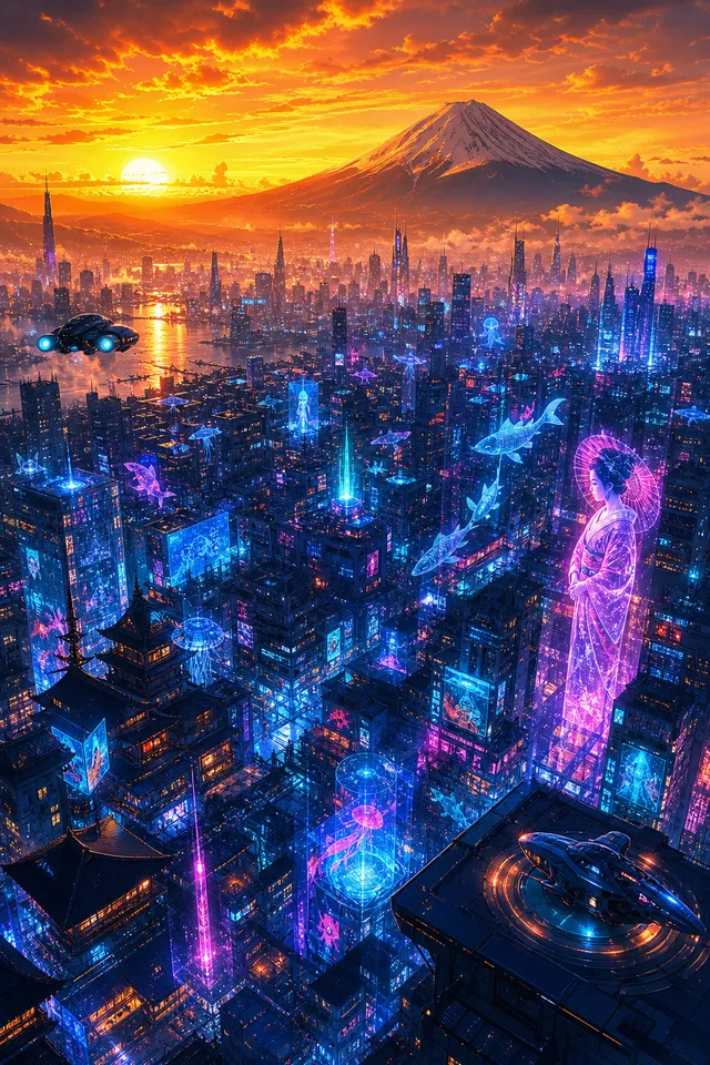 Картина — футуристический Токио на закате с Фудзи, неоновыми небоскрёбами и голографической гейшей