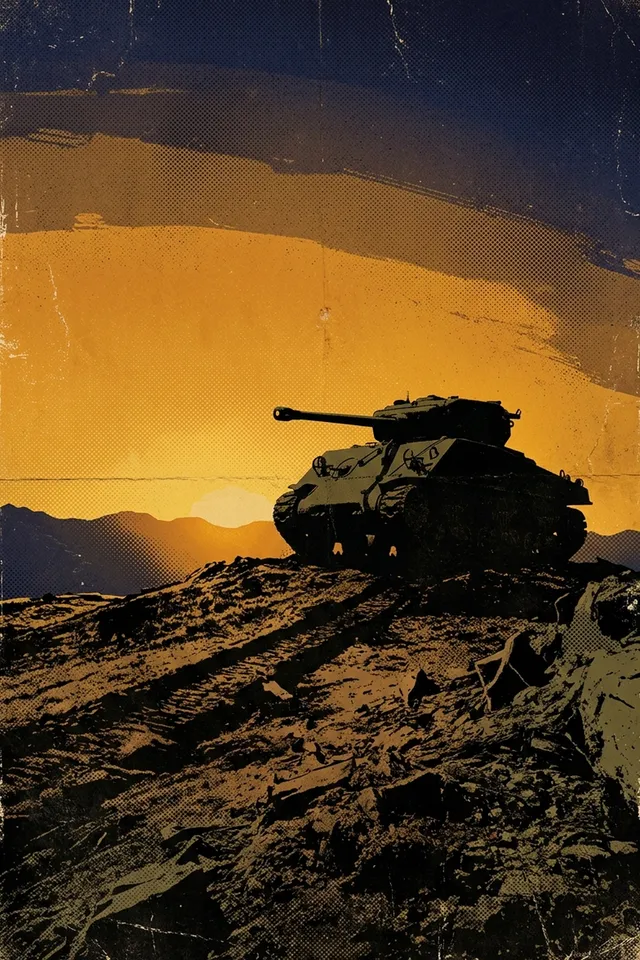 Картина «Танк на закате» — военный танк на фоне алого заката, постер на металле