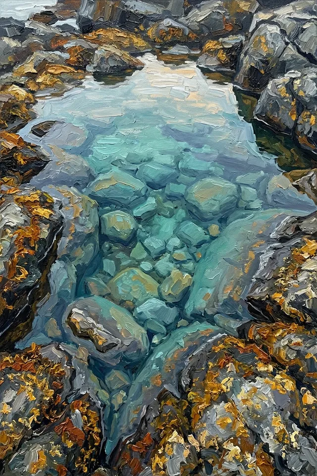 Картина с прозрачной бирюзовой лагуной между скалами, покрытыми водорослями